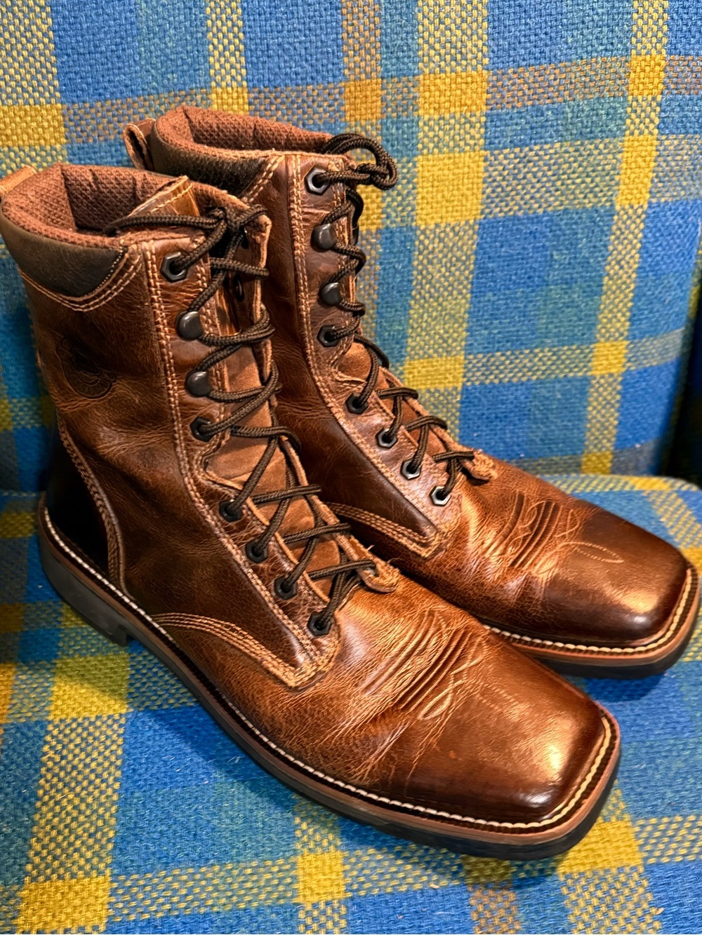 Justin Boots Mens 11D Leather WK681 Square/Work Stampede  Lace Up Western